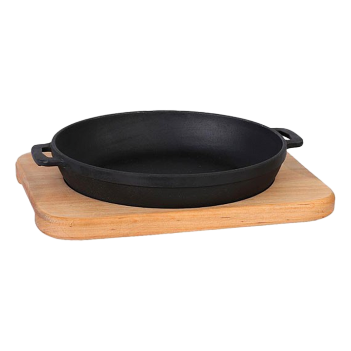 Cast iron serving pan 20x4 cm with wooden serving board