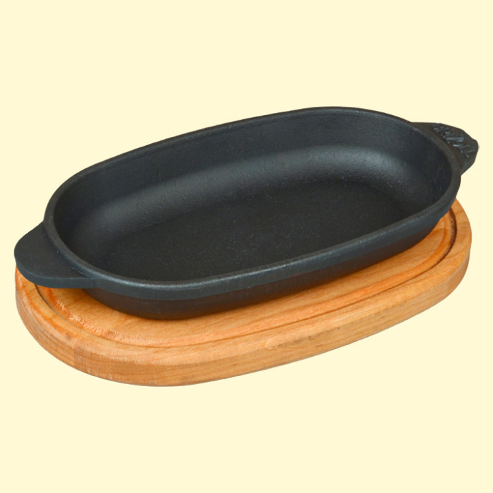 Brizoll Oval Cast Iron Frying Pan with Wooden Base, H1810, 18 x 10 x 2,5 cm