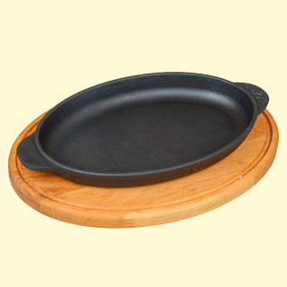 Gusseisen Servierpfanne, oval, mit Holzablage Brizoll H2214-D, 22 x 14 x 2,5 cm