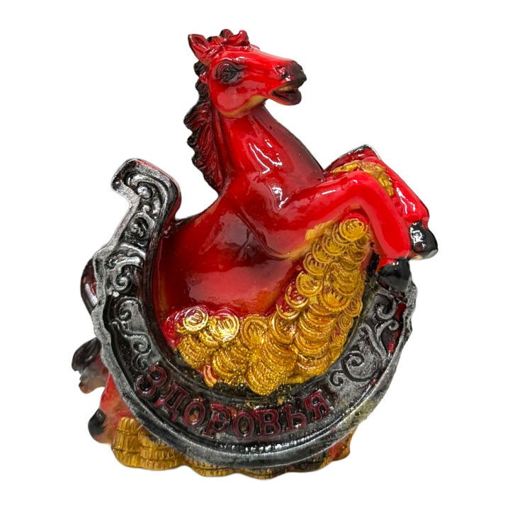 Копилка - Фигурка Год Лошади с подковой в двух вариантах, 11 x 12,5 x 6 см, из полимера, красная