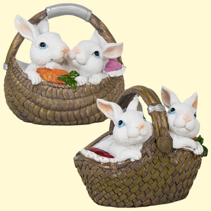 Money Box 2 Rabbits in a Dark Basket, 2 Variants, approx. 12.5 cm