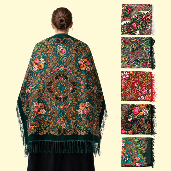 Fransentuch Blumen aus 80 % Wolle und 20 % Viskose, 110 × 110 cm