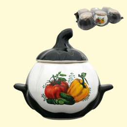 Baking Pot Pumpkin, white and brown with handles, 0,75 L, vegetable decal (Set of 6 pots)