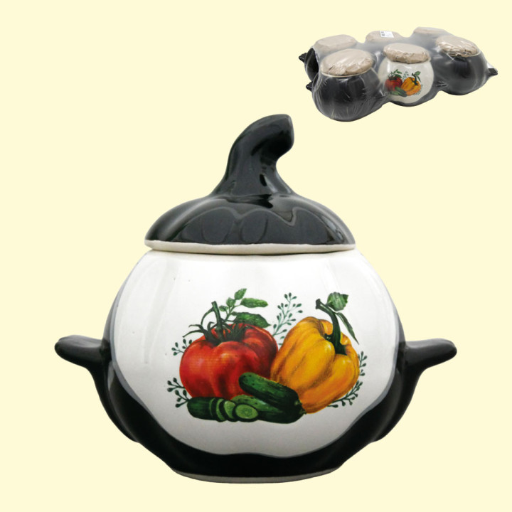 Baking Pot Pumpkin, white and brown with handles, 0,75 L, vegetable decal (Set of 6 pots)