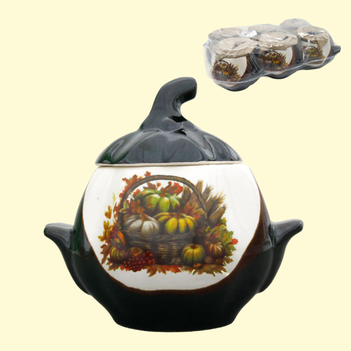 Baking Pot Pumpkin, white and brown with handles, 0,75 L, pumpkin decal (Set of 6 pots)