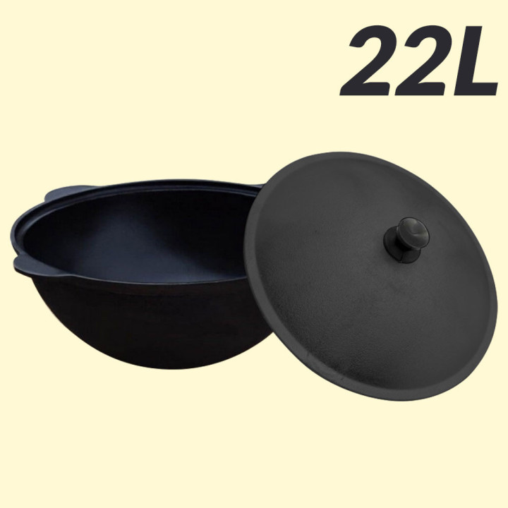 Uzbekischer Kasan 22 L, aus Gusseisen, runder Boden, mit Aludeckel. *