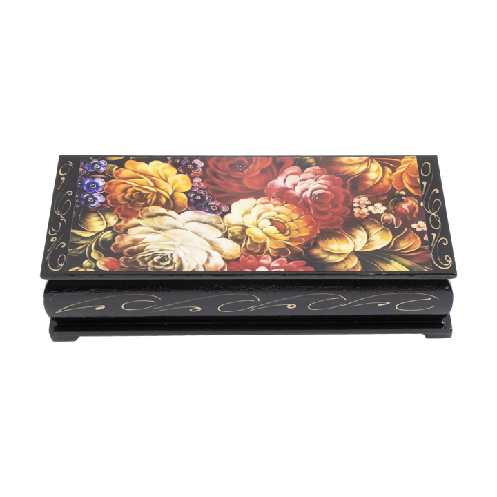 Шкатулка Жостово - красные цветы, лаковая миниатюра, 17,5 x 3,5 x 8,5 см *