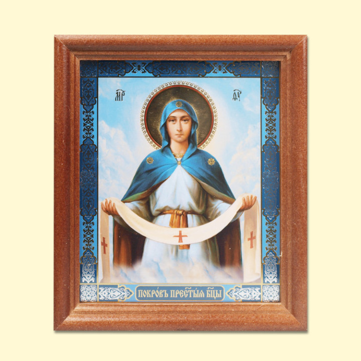 Ikone Покров Пресвятой Богородицы, Holzumrahmung, Doppelprägung, blauer Hintergrund, 11 x 13 cm