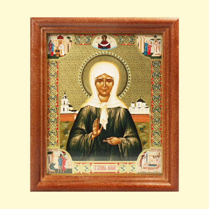 Икона Блаженная Матрона, деревянная рама, двойное тиснение, под стеклом, 11x13 см