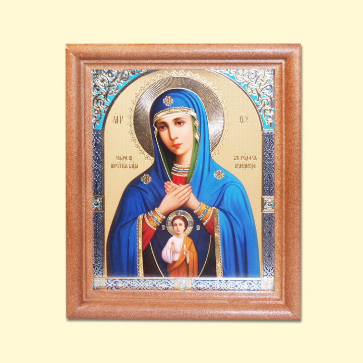 Икона Помощница в родах, деревянная рама, двойное тиснение, под стеклом, 11 x 13 см