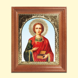 Икона Целитель Пантелеймон, деревянная рама, двойное тиснение, 11 x 13 см