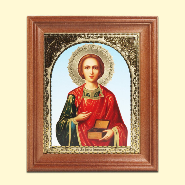 Икона Целитель Пантелеймон, деревянная рама, двойное тиснение, 11 x 13 см
