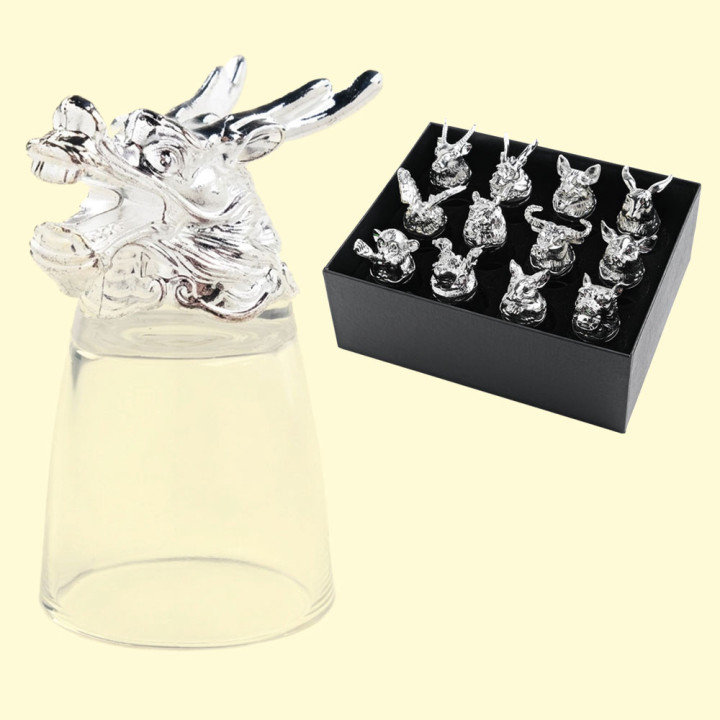 Geschenkset Schnapsgläser - Chinesischer Tierkreis, 12-tlg, 30 ml, Metall, Glas, silberfarben