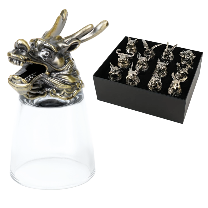 Gift Set of Upside-Down Shot Glasses Chinese Zodiac, 12 pcs, 30 ml, metal, glass, bronze