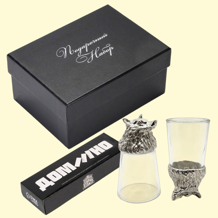 Gift Set 3 in 1 – Silver Wolf, 2 Flip Shot Glasses 30 ml, Domino