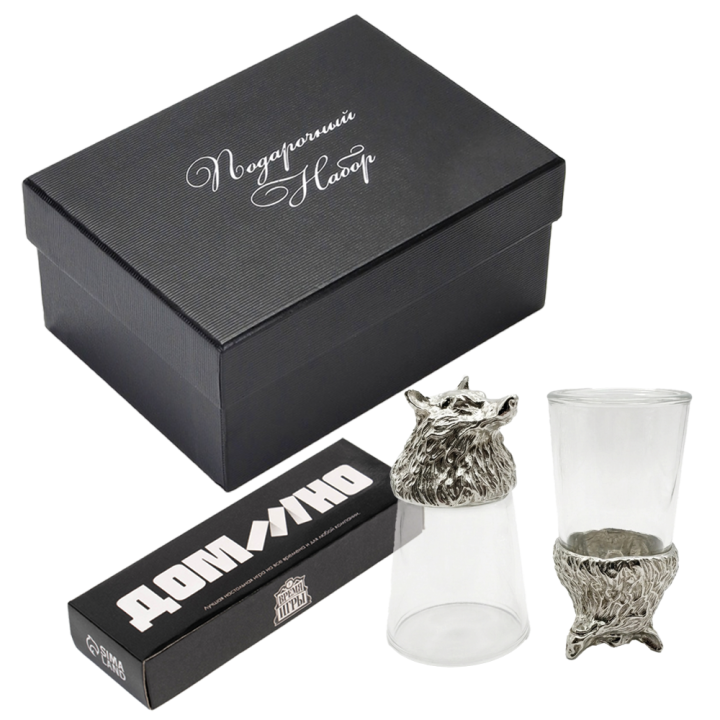 Geschenkset 3 in 1 – Silberner Wolf, 2 Schnapsgläser (Wendegläser) 30 ml, Domino
