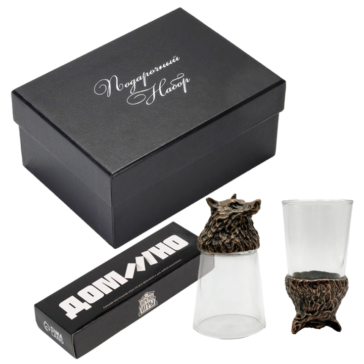 Geschenkset 3 in 1 – Bronzener Wolf, 2 Schnapsgläser (Wendegläser) 30 ml, Domino