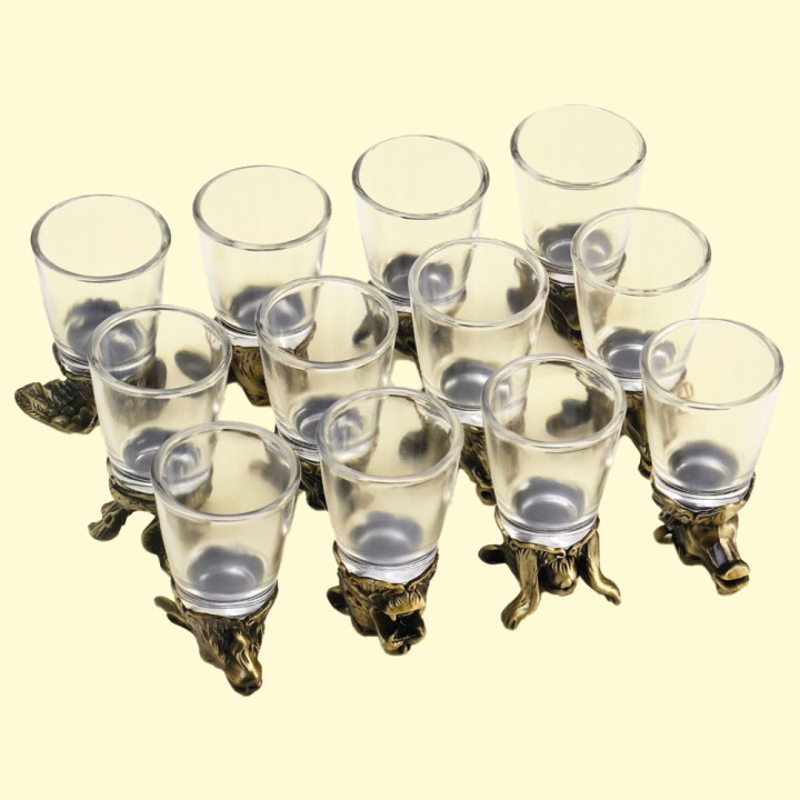 Gift Set of Upside-Down Shot Glasses Chinese Zodiac, 12 pcs, 30 ml, metal, glass, bronze
