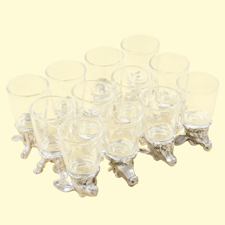 Gift Set of Upside-Down Shot Glasses Chinese Zodiac, 12 pcs, 30 ml, metal, glass, silver color