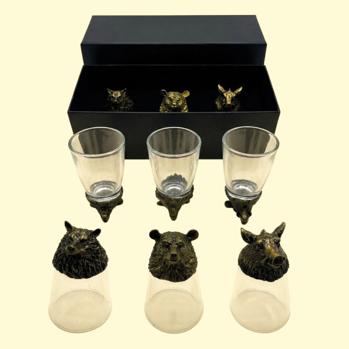 Geschenkset Wildtiere, Flip-Schnapsgläser 3 Stk. je 30 ml (Wolf, Wildschwein, Bär), bronzefarben