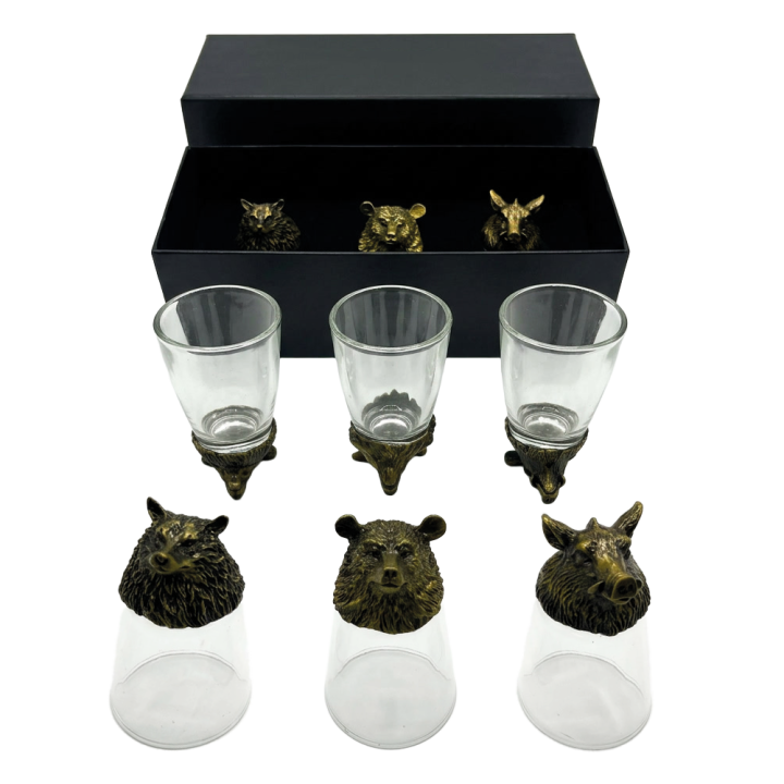 Gift set Wild Animals, flip shot glasses 3 pcs x 30 ml (wolf, boar, bear), bronze finish