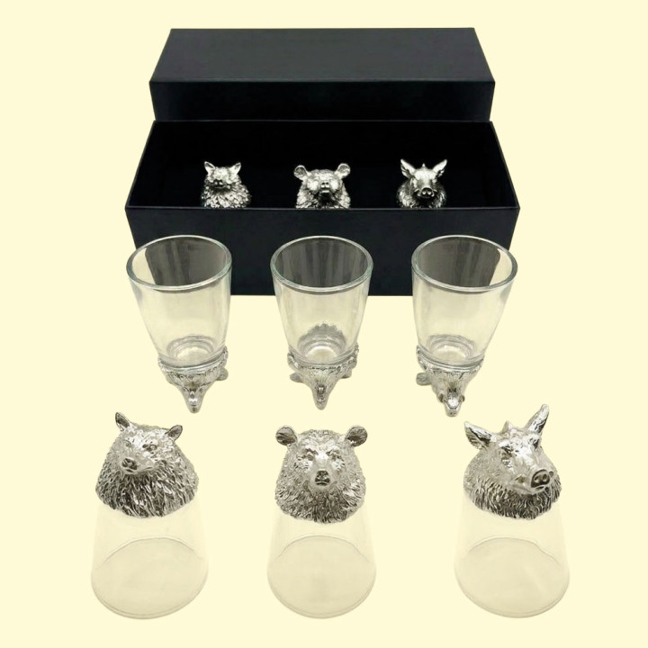 Geschenkset Wildtiere, Flip-Schnapsgläser 3 Stk. je 30 ml (Wolf, Wildschwein, Bär), silberfarben