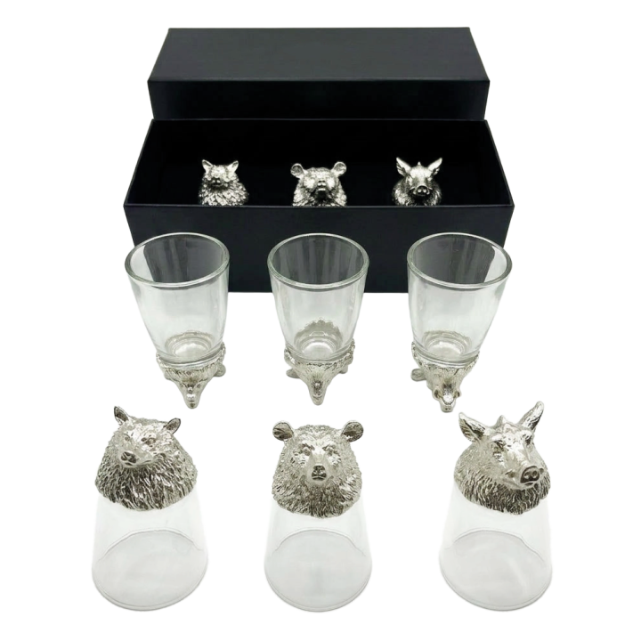 Geschenkset Wildtiere, Flip-Schnapsgläser 3 Stk. je 30 ml (Wolf, Wildschwein, Bär), silberfarben