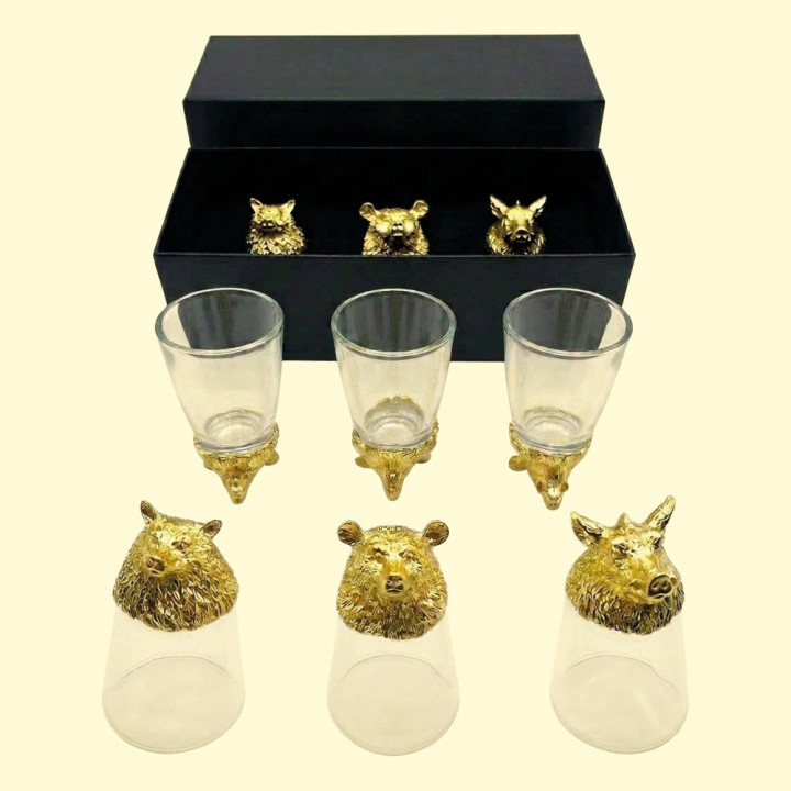 Gift set Wild Animals, flip shot glasses 3 pcs x 30 ml (wolf, boar, bear), gold finish