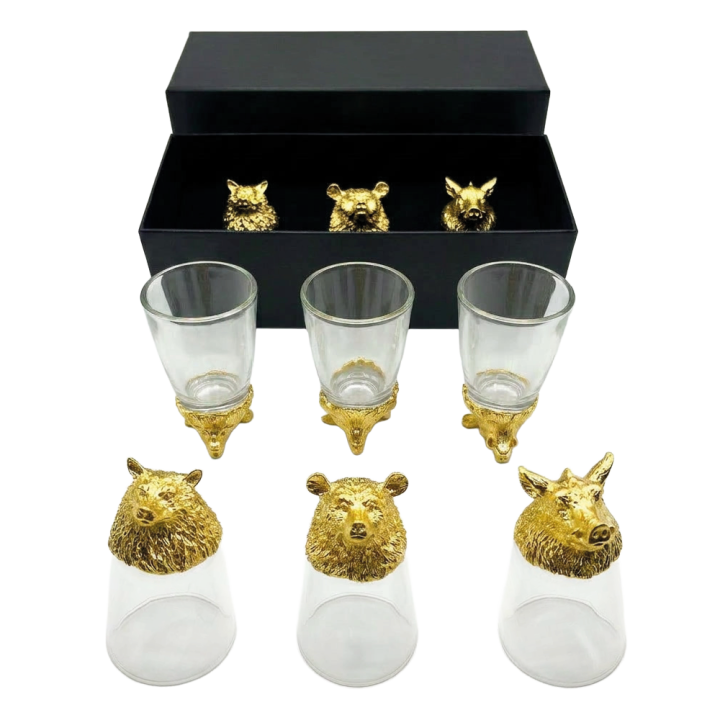 Geschenkset Wildtiere, Flip-Schnapsgläser 3 Stk. je 30 ml (Wolf, Wildschwein, Bär), goldfarben