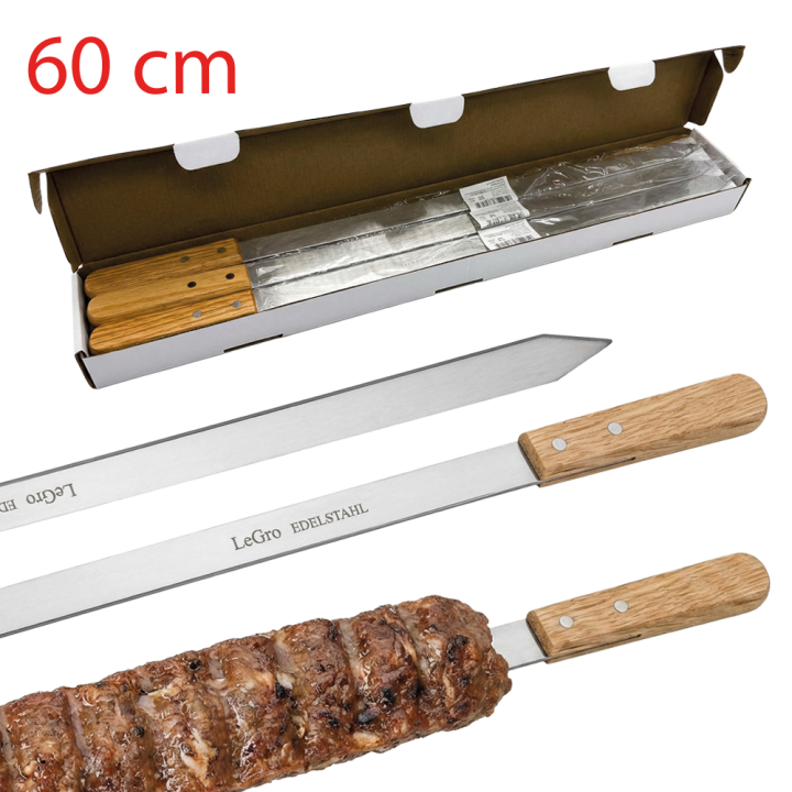 Grillspieß für Kebab aus Edelstahl mit Holzgriff, 60 × 2,5 × 0,2 cm, 12 Stück