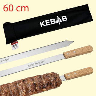 Grillspieß-6er-Set für Kebab aus Edelstahl mit Holzgriff und Textiltasche, 60 × 2,5 × 0,2 cm