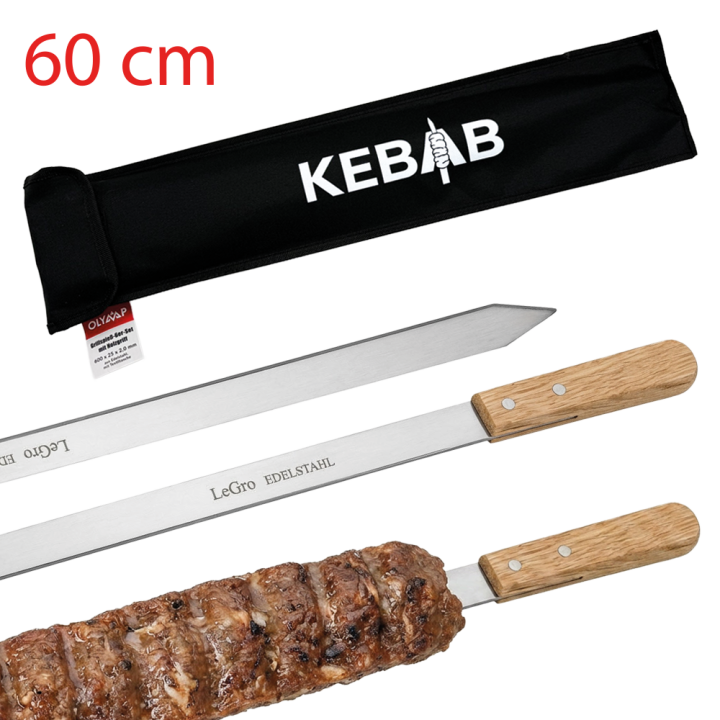 Grillspieß-6er-Set für Kebab aus Edelstahl mit Holzgriff und Textiltasche, 60 × 2,5 × 0,2 cm