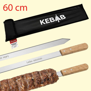 Grillspieß-6er-Set für Kebab aus Edelstahl mit Holzgriff und Kunstledertasche, 60 × 2,5 × 0,2 cm