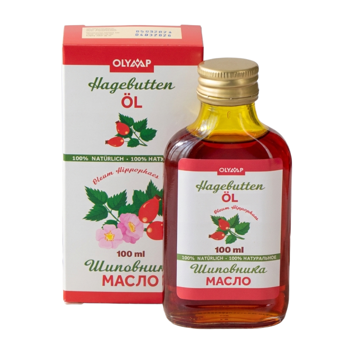 Rosehip oil 100 ml, multilingual packaging: RU, DE, EN, FR, ES, IT