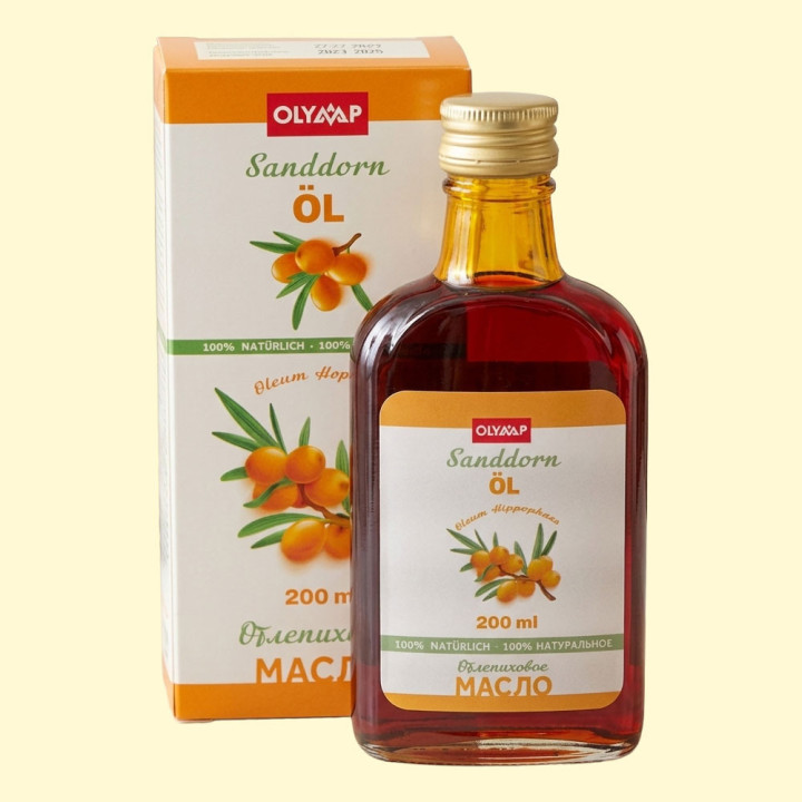 Sea buckthorn oil, 200 ml, multilingual packaging: RU, DE, EN, FR, ES, IT