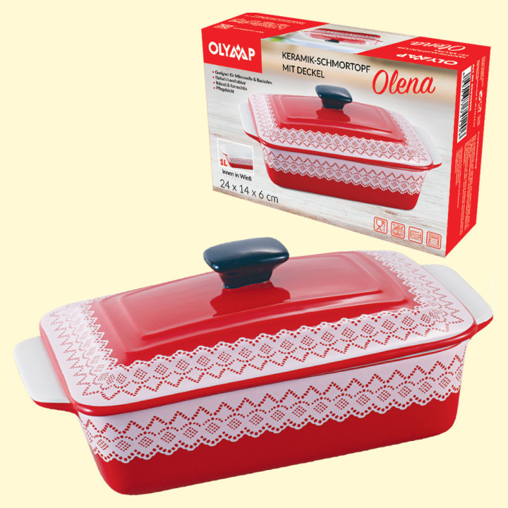 Ceramic baking dish with lid OLENA 1 liter, red, 24 x 14 x 6 cm