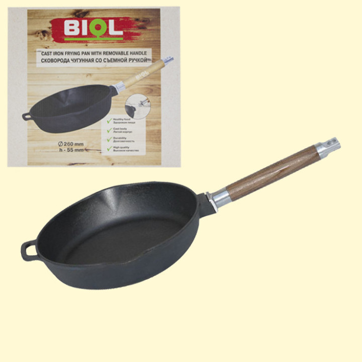 Gussbratpfanne Ø 26 cm, mit zwei Abgüssen und abnehmbarem Griff, h - 55 mm