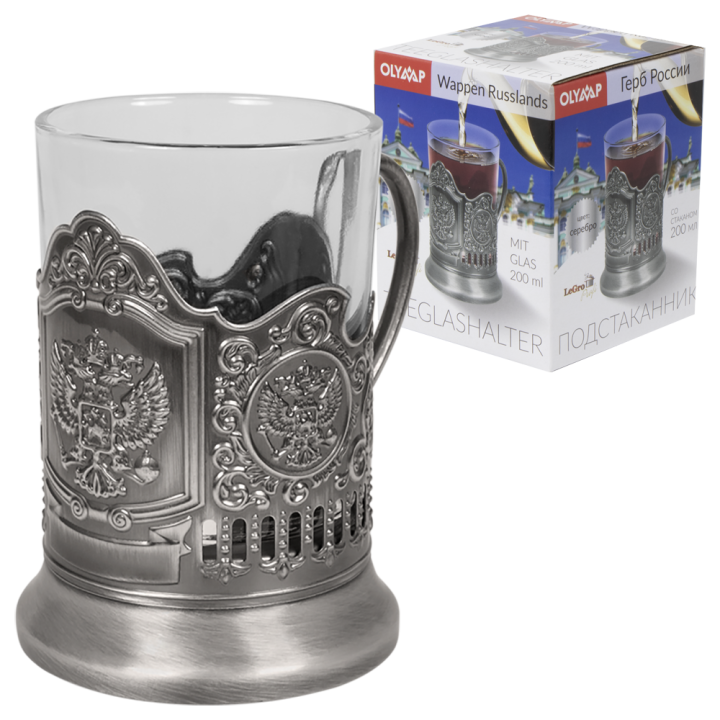 Teeglashalter in Silber"Wappen Russlands"  mit Teeglas 200 ml