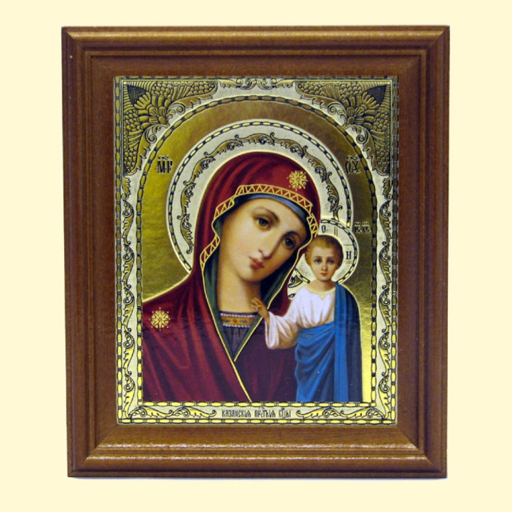 Икона "Казанская" деревянная рама, двойное тиснение, 11 x 13 см