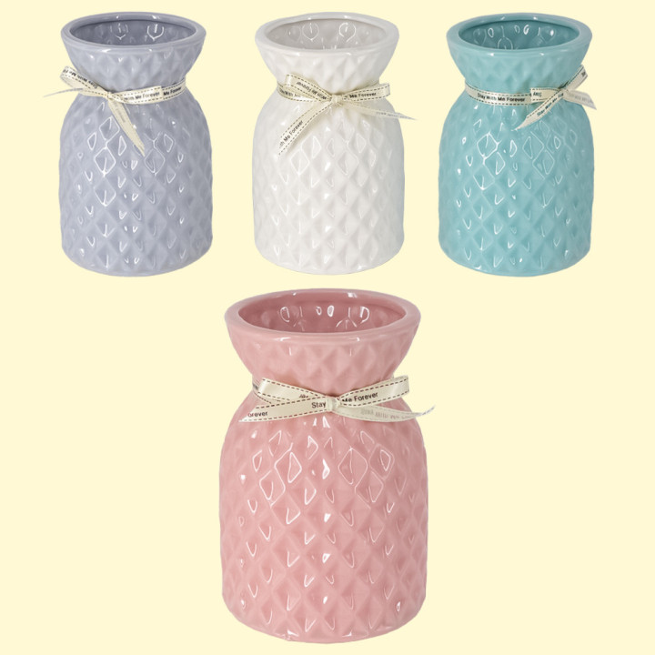 Relief ceramic vase with decorative ribbon 18 x 12 x cm, 4 colors