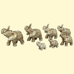 Set of Figures 7 Elephants light, polystone, 4 cm, 5,5 cm, 7,5 cm, 7,8 cm, 8,4 cm, 9,4 cm,10,3 cm