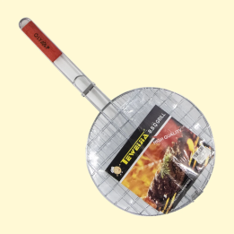 Stainless steel round grill grate with wooden handle, 32 x 60 cm