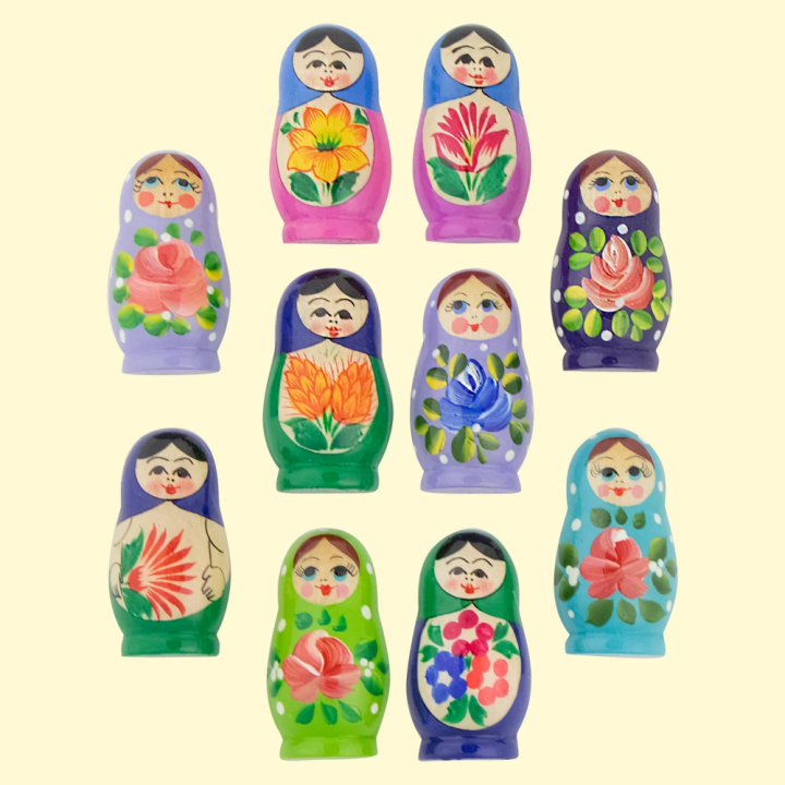 Set of 10 matryoshka doll magnets 6.5 cm high with different motifs