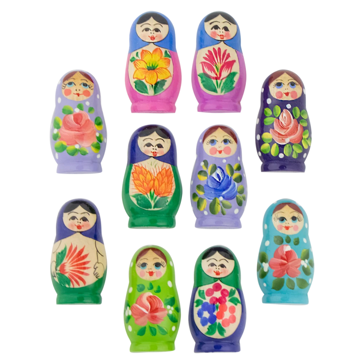 Set of 10 matryoshka doll magnets 6.5 cm high with different motifs