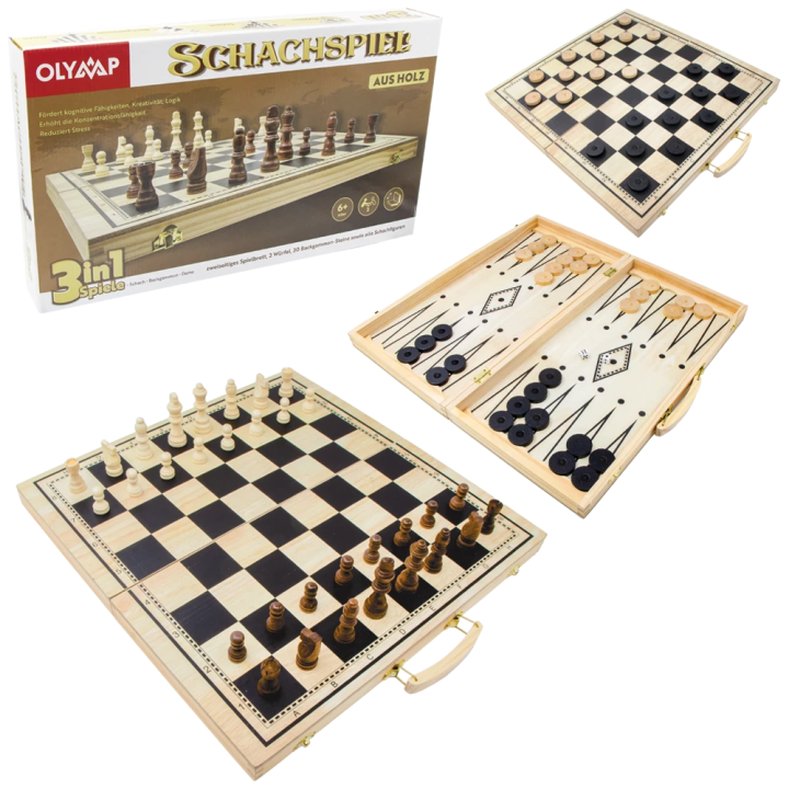 Schach-, Damen- & Backgammonspiel / Nardy, massives Holz, Spielbrett 40 х 40 cm