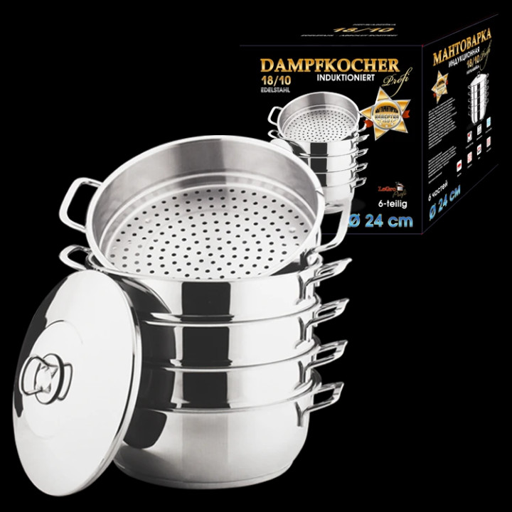 Dampfkocher 24 cm, 6 Tlg., Edelstahl 18/10, mit Metallgriffen