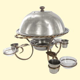 Twisted Sadzh - Stand for warming skewers, with 3 sauce cups and 3 steel shot glasses, 28 cm.