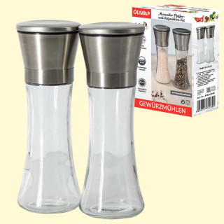 Set of manual salt and pepper mills, made of glass and stainless steel, 19 cm