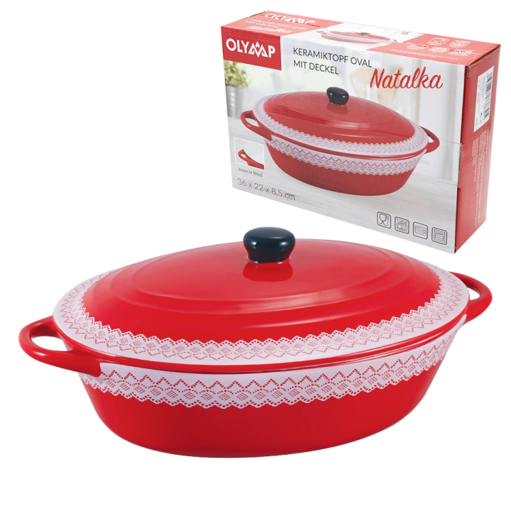 Keramiktopf mit Deckel NATALKA oval, rot, 36 x 22 x 8,5 cm