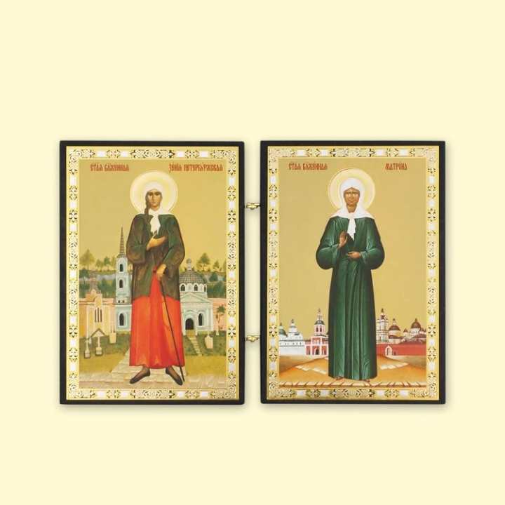 Икона-Складень двойная Ксения Петербургская и Матрона, 9x13 см, дерево, двойное тиснение